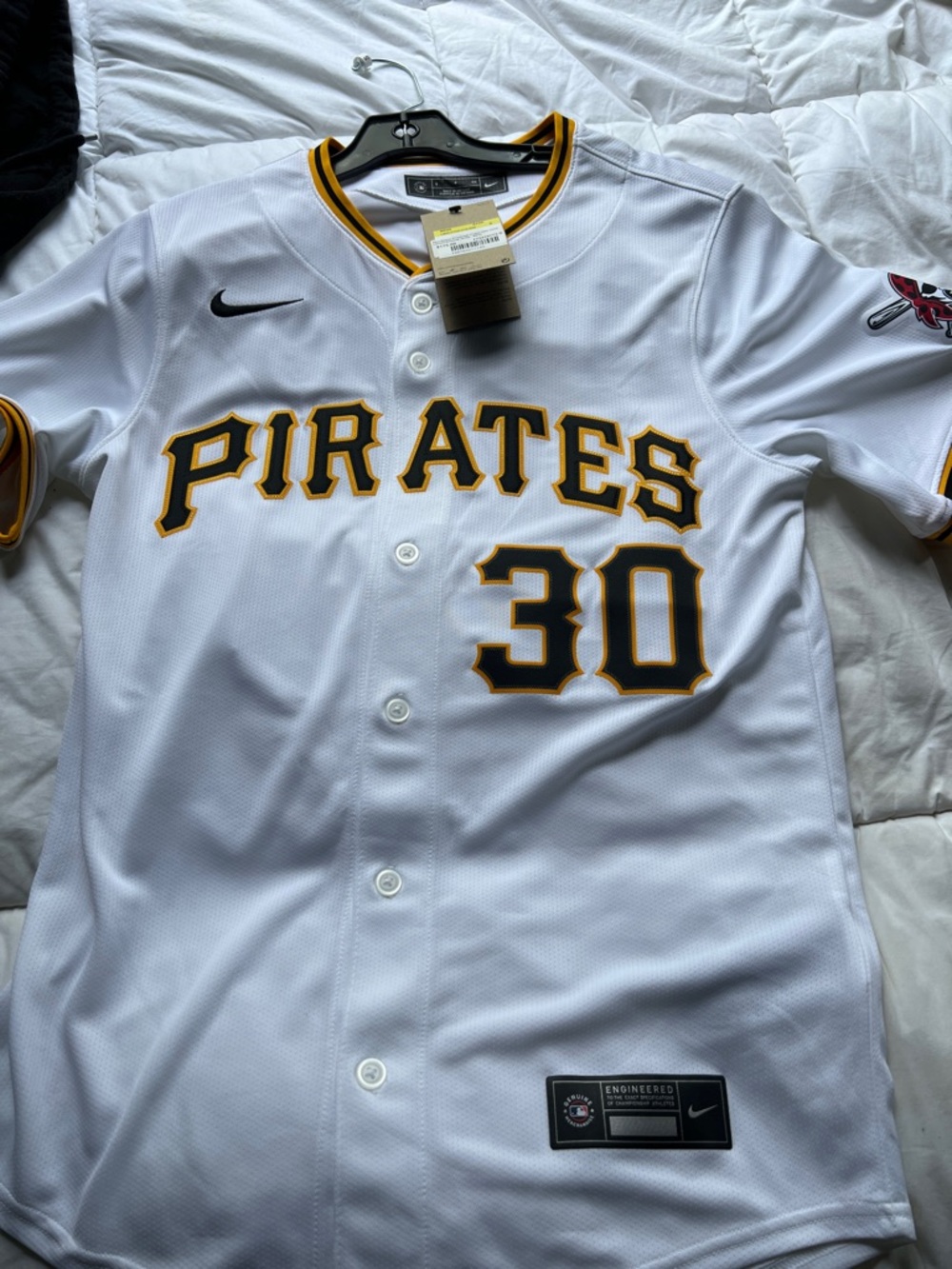 Nike White and Black Pittsburgh Pirates #30 Baseball Jersey with Gold Accents